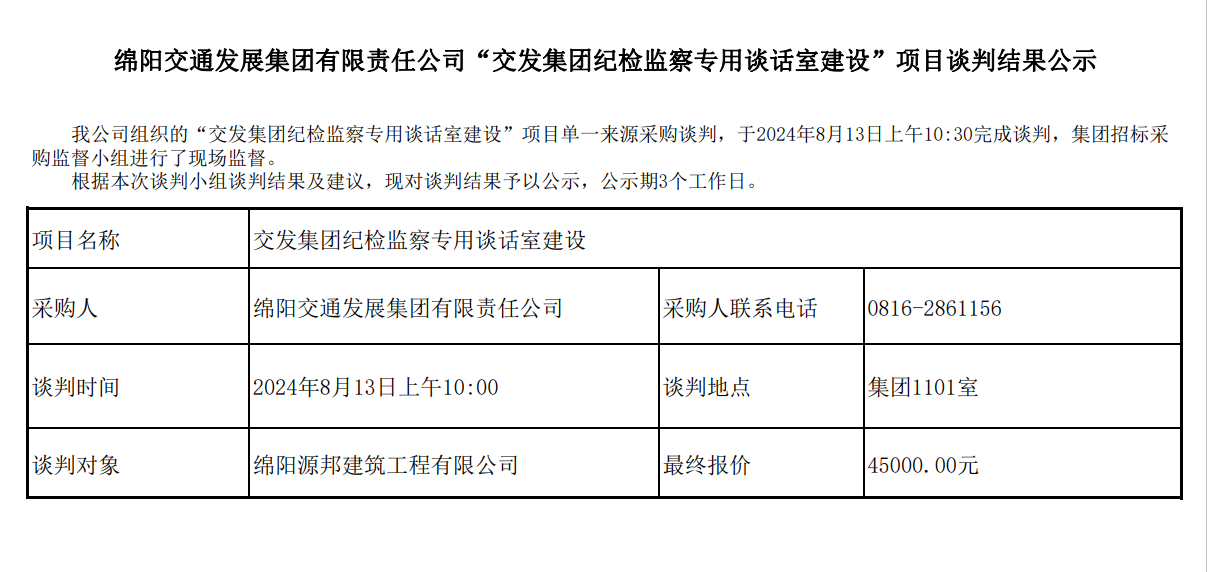 綿陽交通發展集團有限責任公司“交發集團紀檢監察專用談話室建設”項目談判結果公示.png