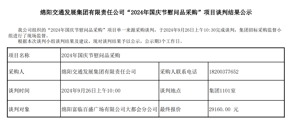 綿陽交通發展集團有限責任公司“2024年國慶節慰問品采購”項目談判結果公示.png